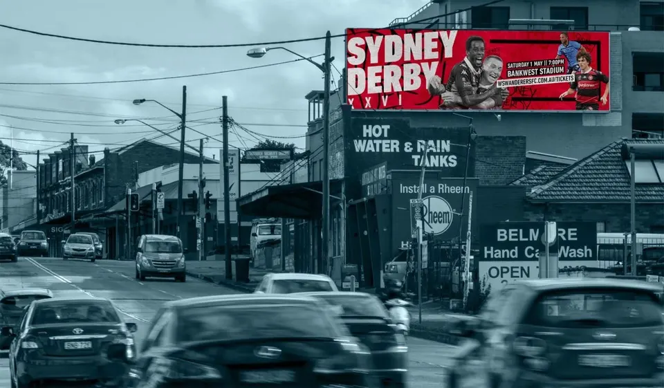 A Western Sydney Wanderers match-day ad on a roadside billboard